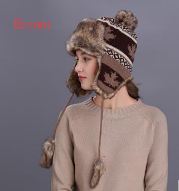 Lady Winter Warm Bomber Hoeden Meisjes Oor Bescherming Leifeng Cap Blad Beschermende Cap Vrouwen Outdoor Herfst Gebreide Wol Cap D-8543: Bruin