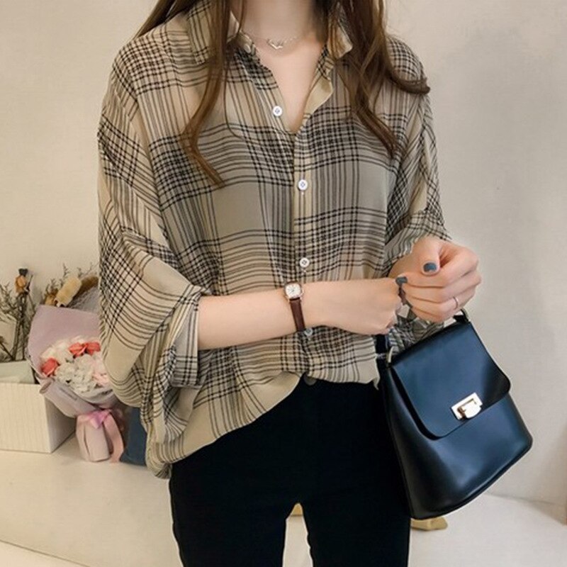 Printemps/été femmes chic lâche grosse sœur chemise à carreaux