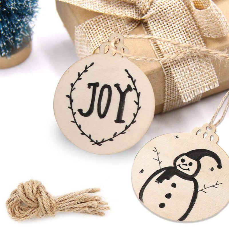50pcs DIY Craft Wooden Round Bauble with 50pcs Twines to Paint, Unfinished Christmas Hanging Ornaments Natural Blank Wood Discs