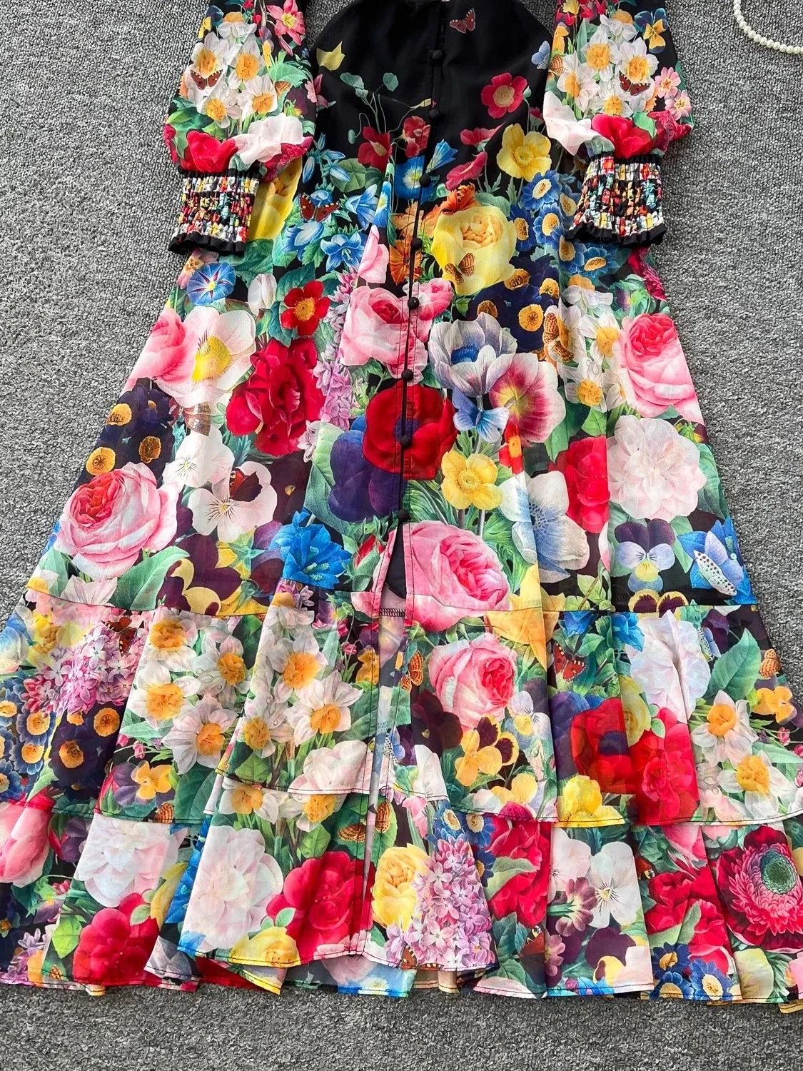 Summer Gorgeous Floral Dress Women's Long Sleeve Ruffles V Neck Flower Print Buttons Chiffon Bohemain Robe Vestidos