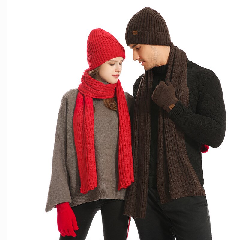 3 pice / sæt varm strikket tørklæde handsker hat sæt kvindelig cirkel hals skærm touch finger temperament varm beanie tørklæder handske bomuld: Rød