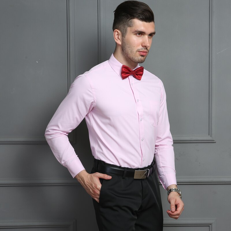 Long Sleeve Solid Pink Men Dress Shirts Slim Fit Casual Social Shirt Male Clothing Asian Size XL / 41
