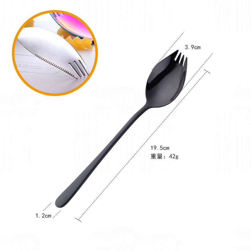 Stainless Steel Fork and Spoon Integrated Spoon and Fork Integrated Korean Household Long-Handled Salad Fork Dessert Fork Spoon: black