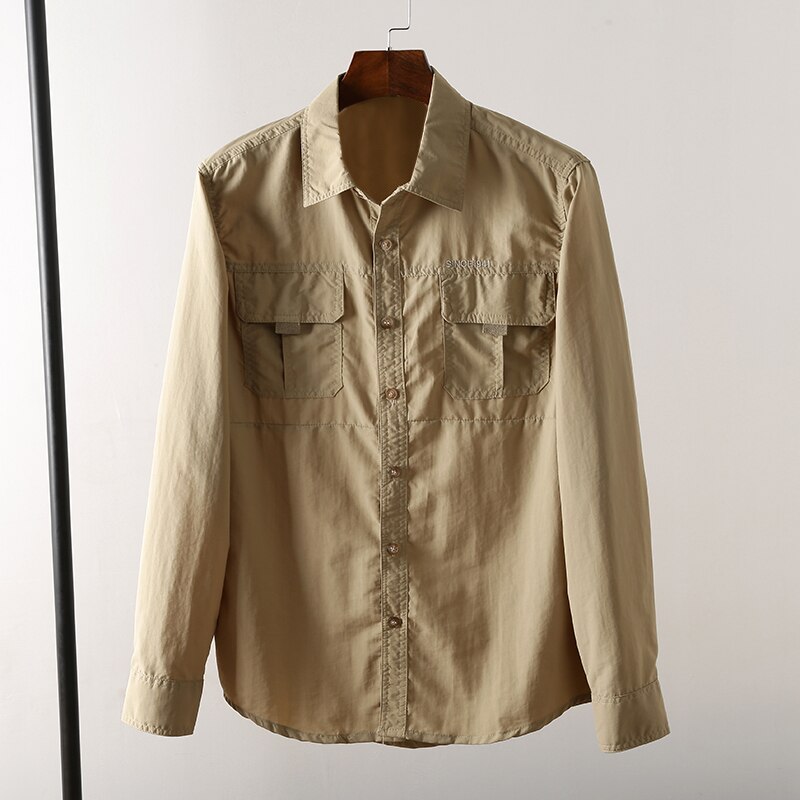 Chemise à manches longues et revers pour homme, nouvelle chemise américaine à séchage rapide, tissu imperméable d'extérieur, printemps et automne: Khaki / XXL