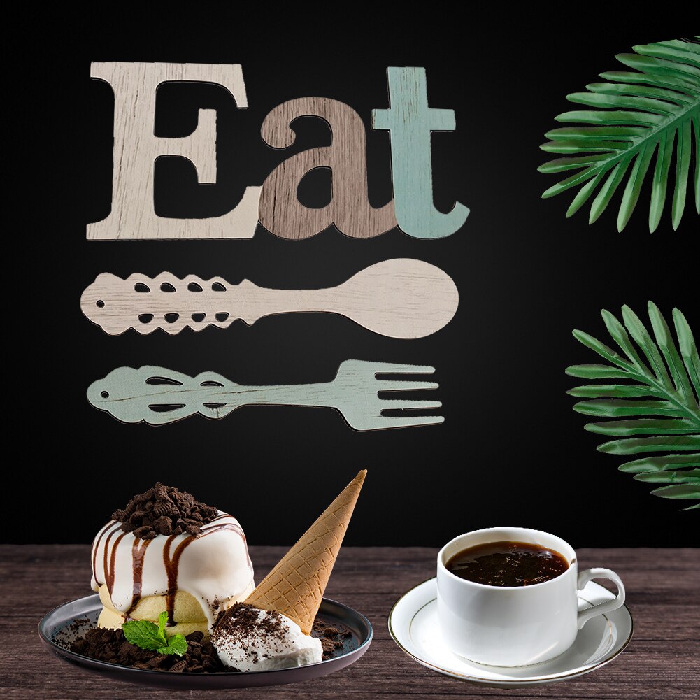 Plaque Rustic Wood Restaurant Wall Hanging Eat Sign Set DIY Easy Install Farmhouse Fork Spoon Home Kitchen Bar With Screws Cafe