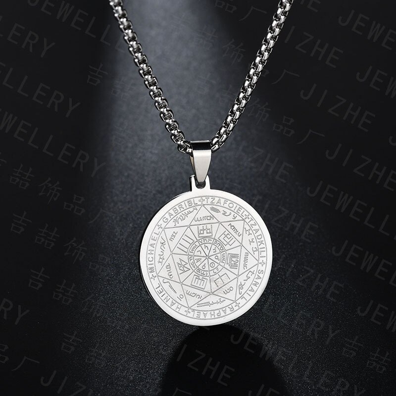 Pentagramm Halskette Sieben Erzengel Amulett Schutz Pentagramm Anhänger Halsketten für Frauen Männer Trend Edelstahl Schmuck: Silber-