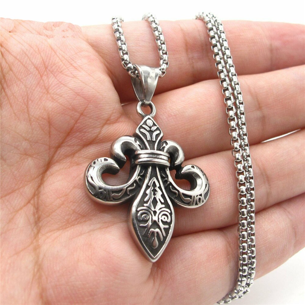 Mens Stainless Steel Fleur De Lis Pendant Necklace Jewelry Chain