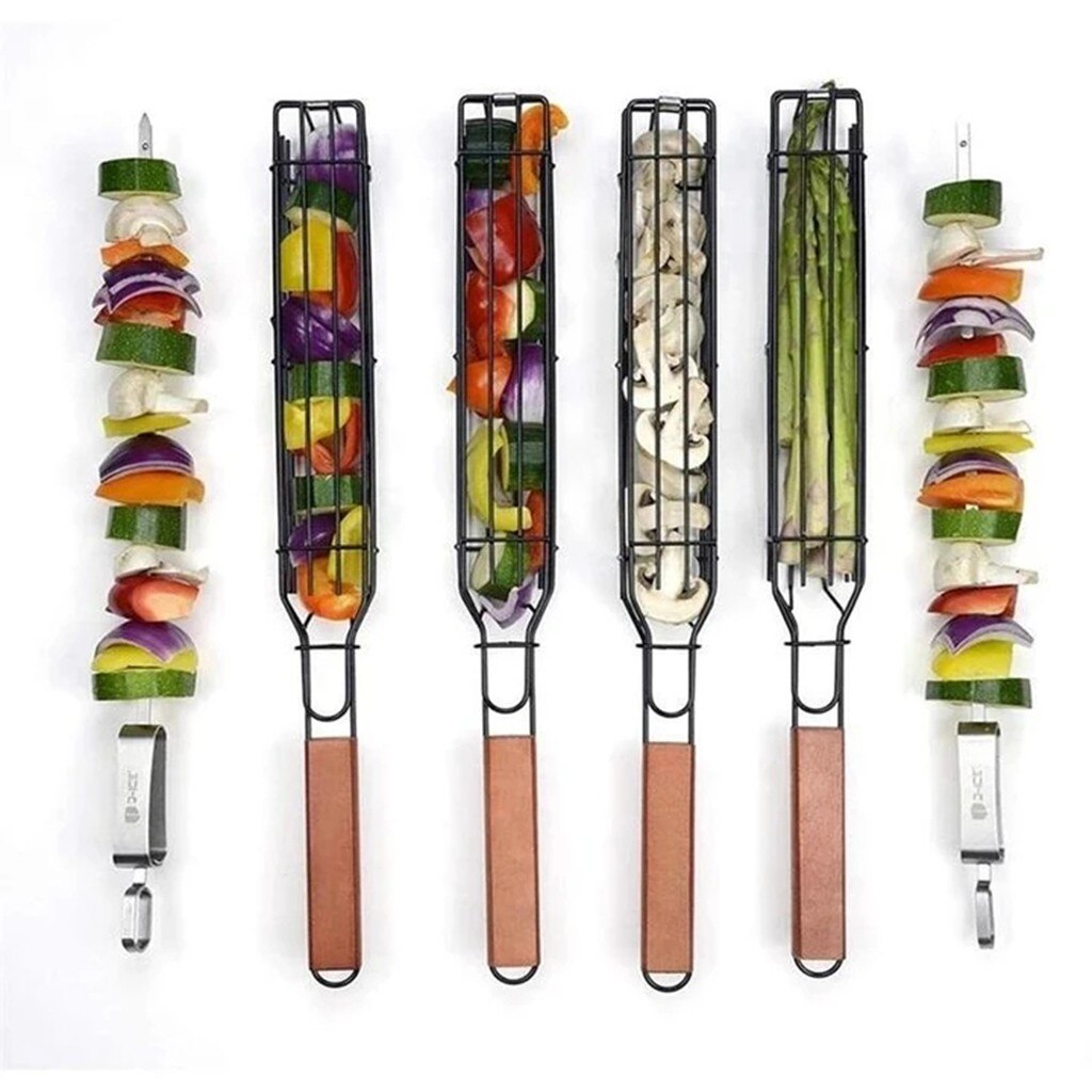 Duurzaam Ijzerdraad Kebab Barbecue Manden Kebab Barbecue Manden Houten Handvat Clip Holder Bbq Grillen