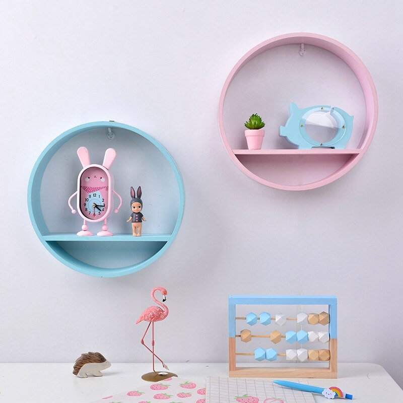 SHGO -Wooden Round Floating Shelf Round Organizer Home Storage Display Rack Holder Shelf Wall Décor