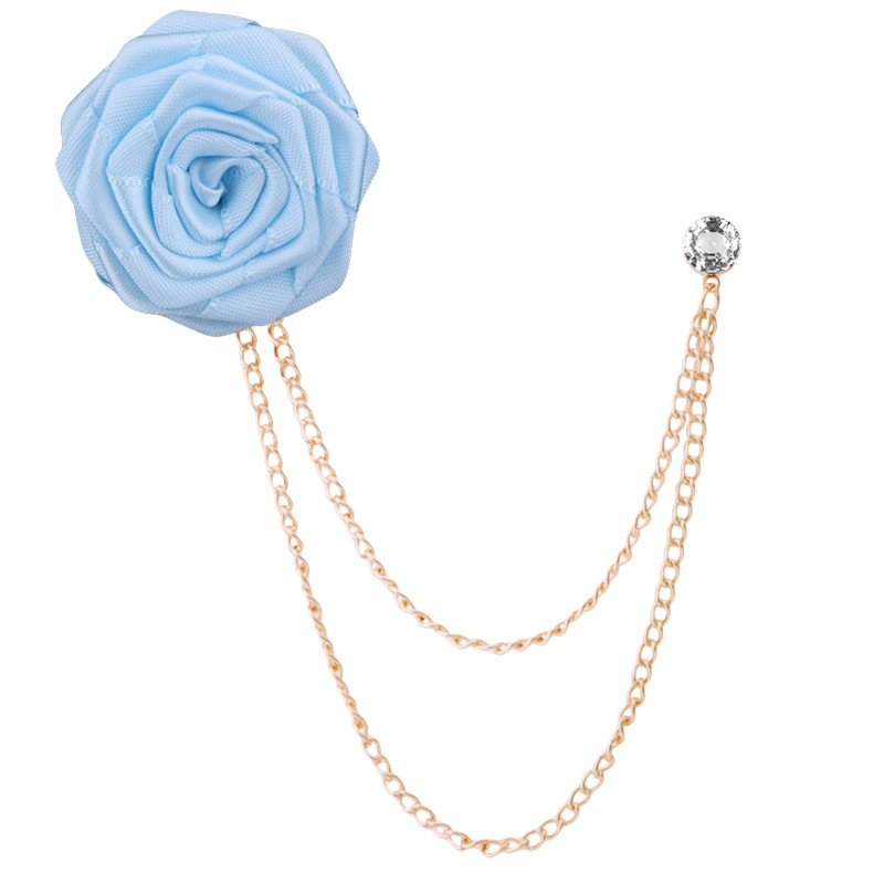 Korean Bridegroom Wedding Brooches Cloth Art Hand-made Rose Flower Brooch Lapel Pin Badge Tassel Chain Men's Suit Accessories: Silver