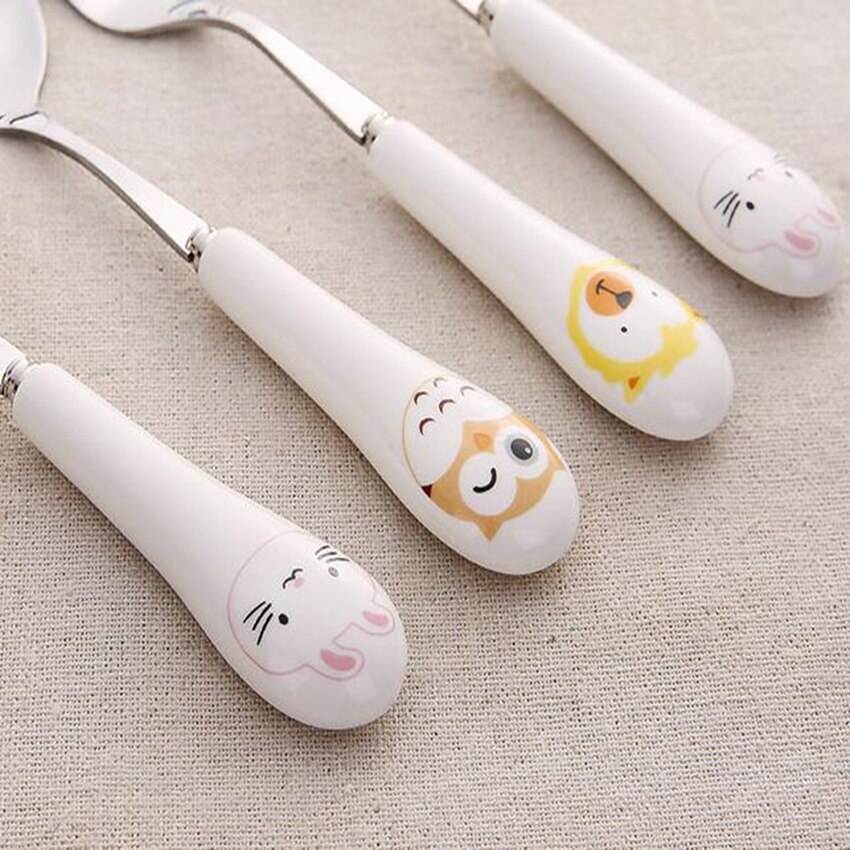 Tenedor con dibujo de gato, cuchara agitadora de mango largo de acero inoxidable, fruta, tenedor cuchara café, mango de cerámica, 1 ud.