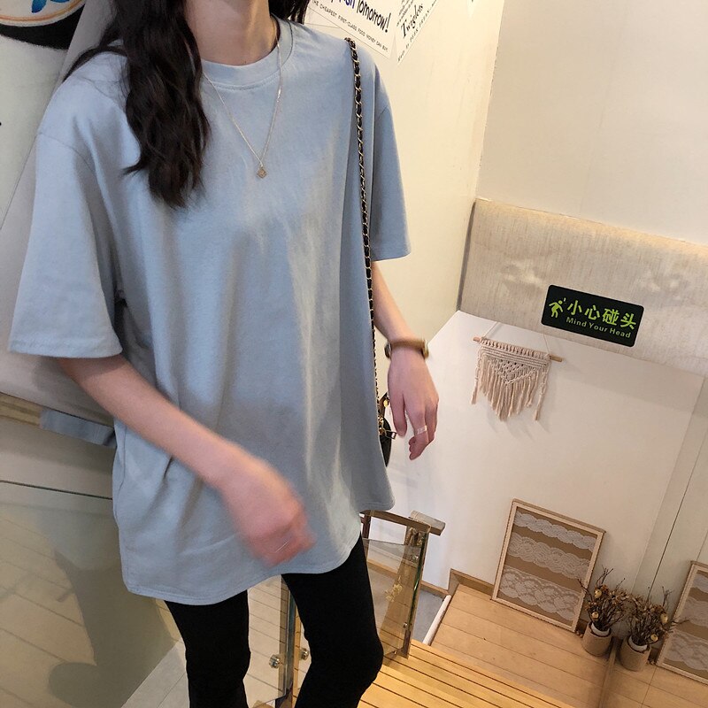 Camisetas de manga corta de algodón para mujer, camisetas de holgadas de estilo Vogue con cuello redondo coreano liso que combinan con todo, novedad de