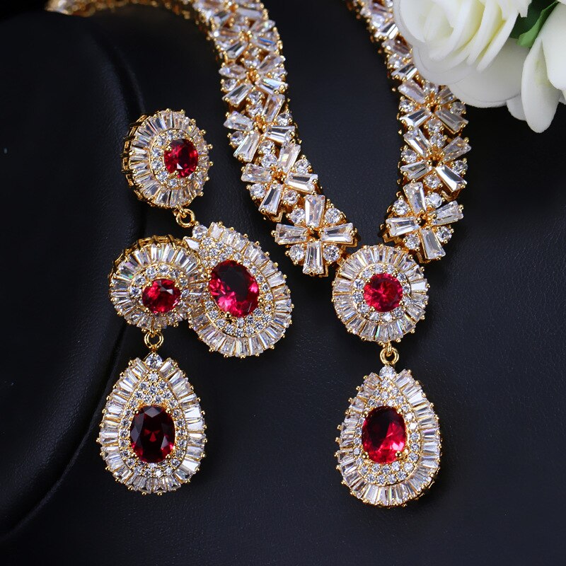 Threegraces Prachtige Zilveren Kleur Cz Grote Royal Blue Water Ketting Oorbellen Afrikaanse Sieraden Sets Voor Bruiden JS029: gold plated red