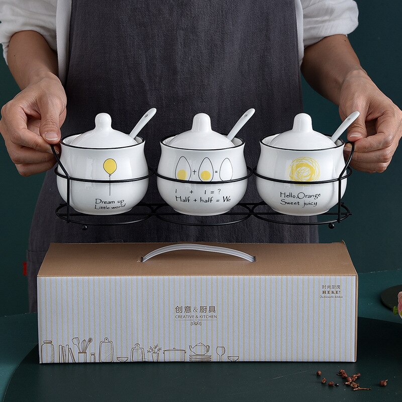 Seasoning pot set Three-piece ceramic seasoning pot kitchen supplies oil and salt pot combination with shelf