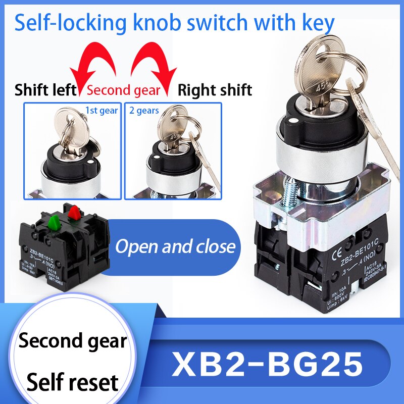 1pc XB2 Panel Mounted Key Rotary Start Locking or Self reset Pushbutton Switch 2Positions/3Positions XB2-BG 22mm: XB2-BG25 / Brass contact