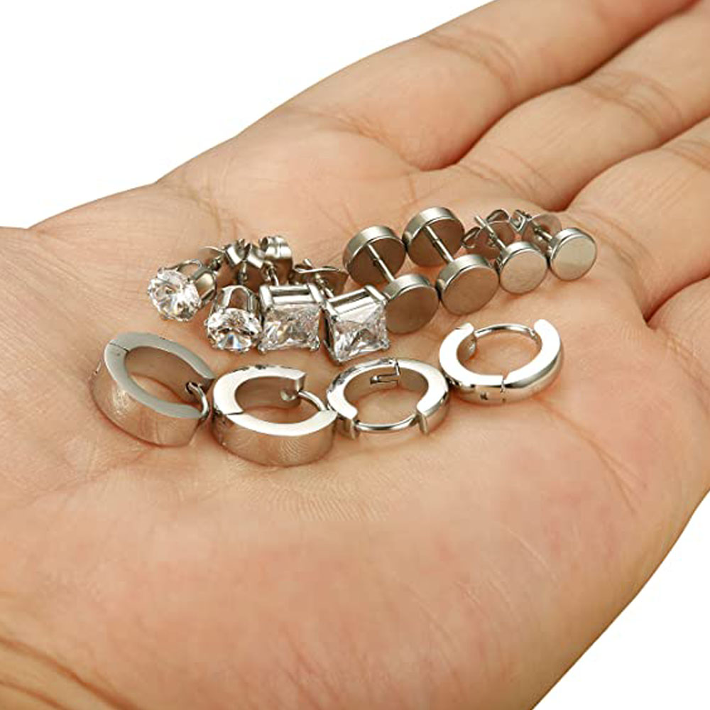 6 Pairs Stainless Steel CZ Stud Earrings for Women Mens Huggie Hoop Earrings Ear Piercing Silver