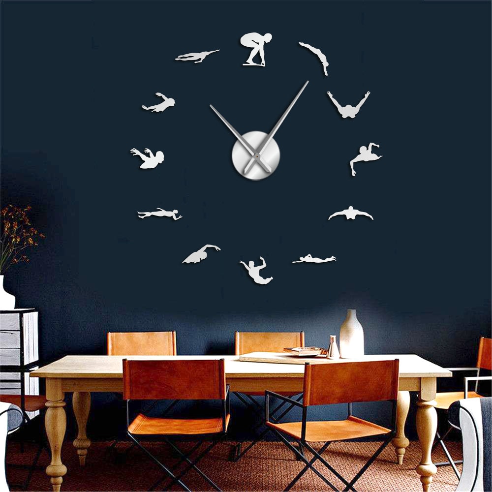 Reloj de pared grande con tema de natación, moderno, bricolaje, con espejo de natación, pegatina, números, arte decorativo para pared de piscina, para nadador