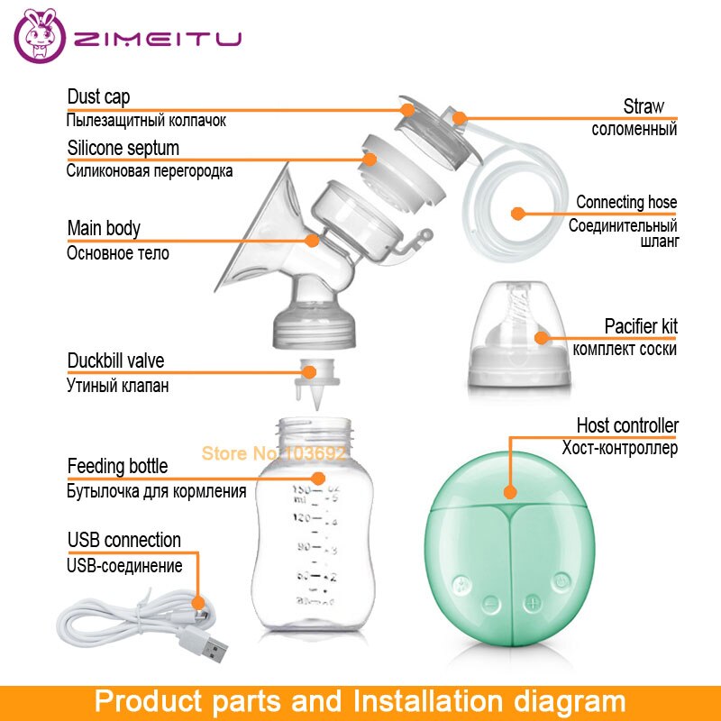 Zimeitu Dubbele Elektrische Borstkolven Krachtige Tepel Zuig Usb Elektrische Borstkolf Voldaan Baby Melk Fles Koude Warmte Pad Nippl