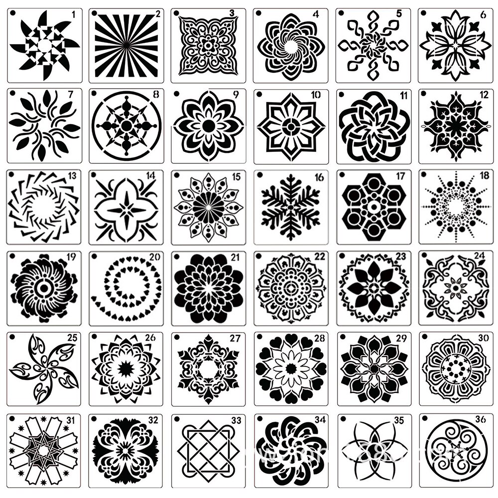 Plantilla de punteo de Mandala para dibujar plantillas de Mandala huecas, tela de rocas, herramientas de pintura artística de pared, accesorios para manualidades DIY: 36pcs