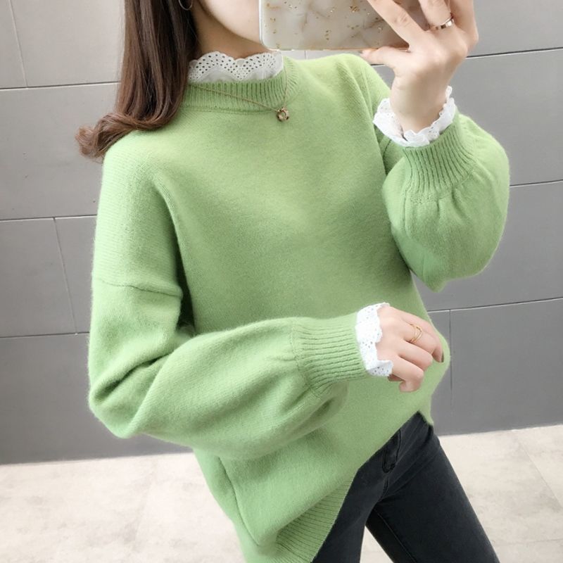 Lace Pullover Sweater Women 2022 Winter Spring Stitching Round Neck Loose Fit Warm Base Knitted Sweaters Sweet Female Flower: Green