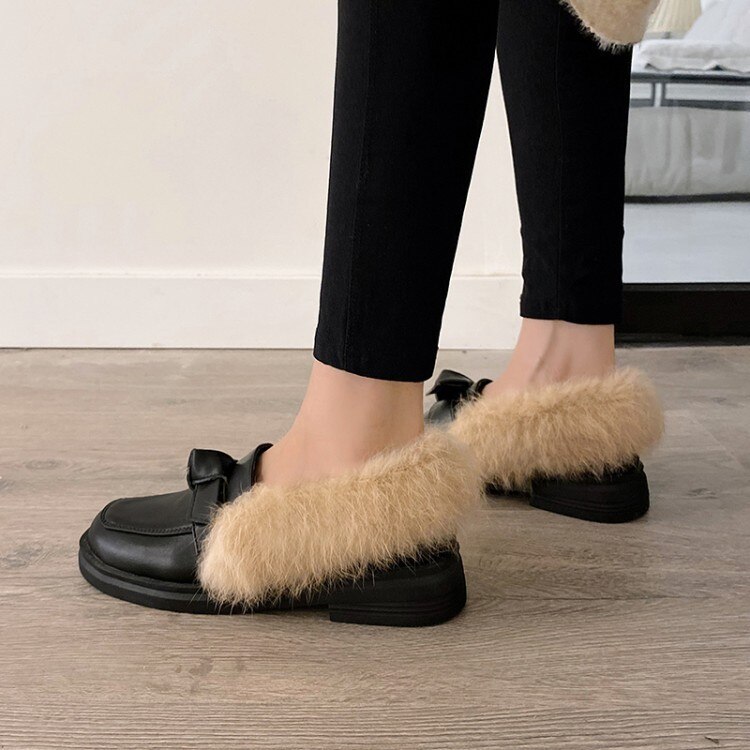 Shallow Mouth Casual Woman Shoe Slip-on Modis Loafers Fur Female Footwear Round Toe Moccasin Slip On Winter Dress Big