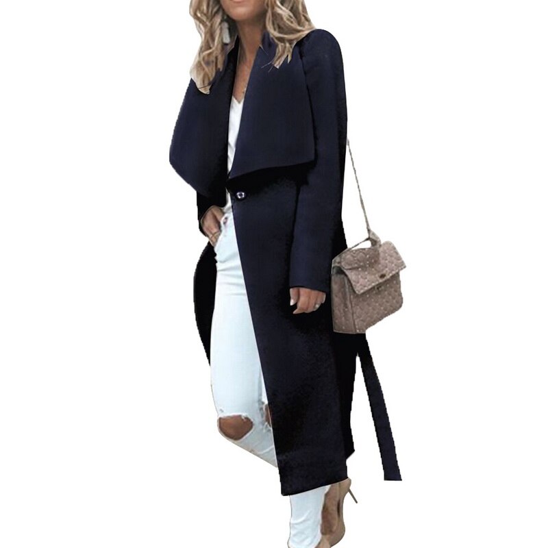 Abrigo de otoño para mujer, gabardina ajustada de Color liso, abrigo informal holgado de mezcla de lana, abrigo largo cálido de otoño e invierno de talla grande: Navy / XXL