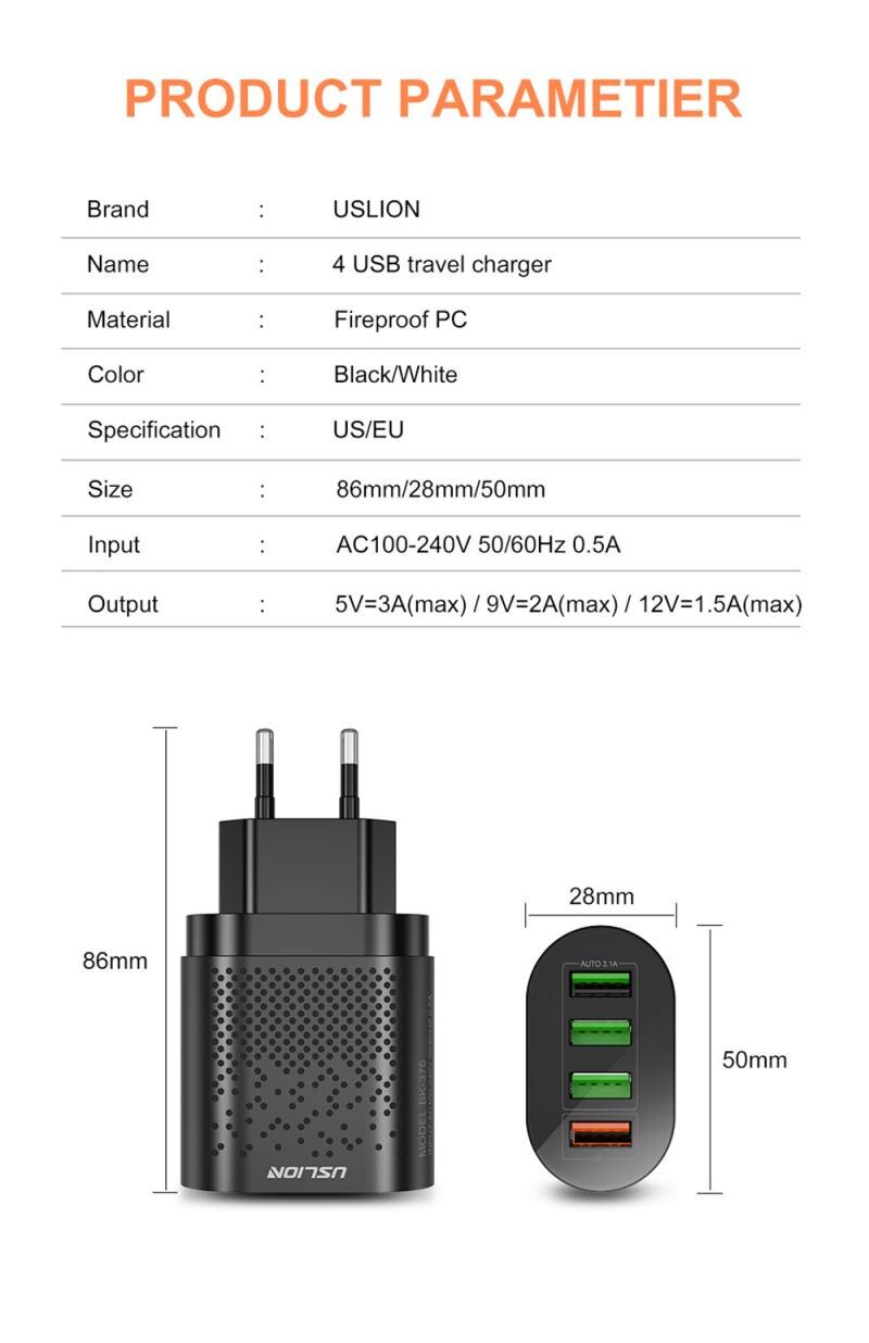 48W Schnell 4 USB Ladegerät Adapter 3,0 USB Ladestecker Ladegerät Für iPhone Xiaomi Schnelle Ladegerät praktisch ladegerät Adapter