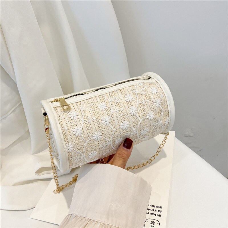 Koreaanse Stijl Straddle Stro Geweven Kleine Ronde Tas Voor Meisje Trend Kant Meisje Schoudertas: White