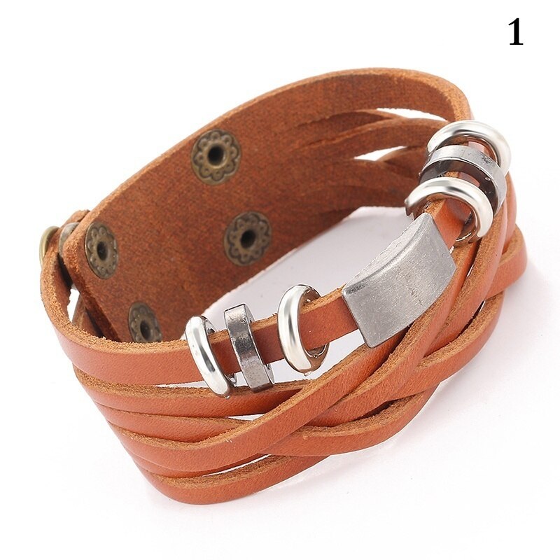 Bracciale rigido da uomo Vintage ▾ in pelle con borchie in acciaio con borchie in metallo: marrone