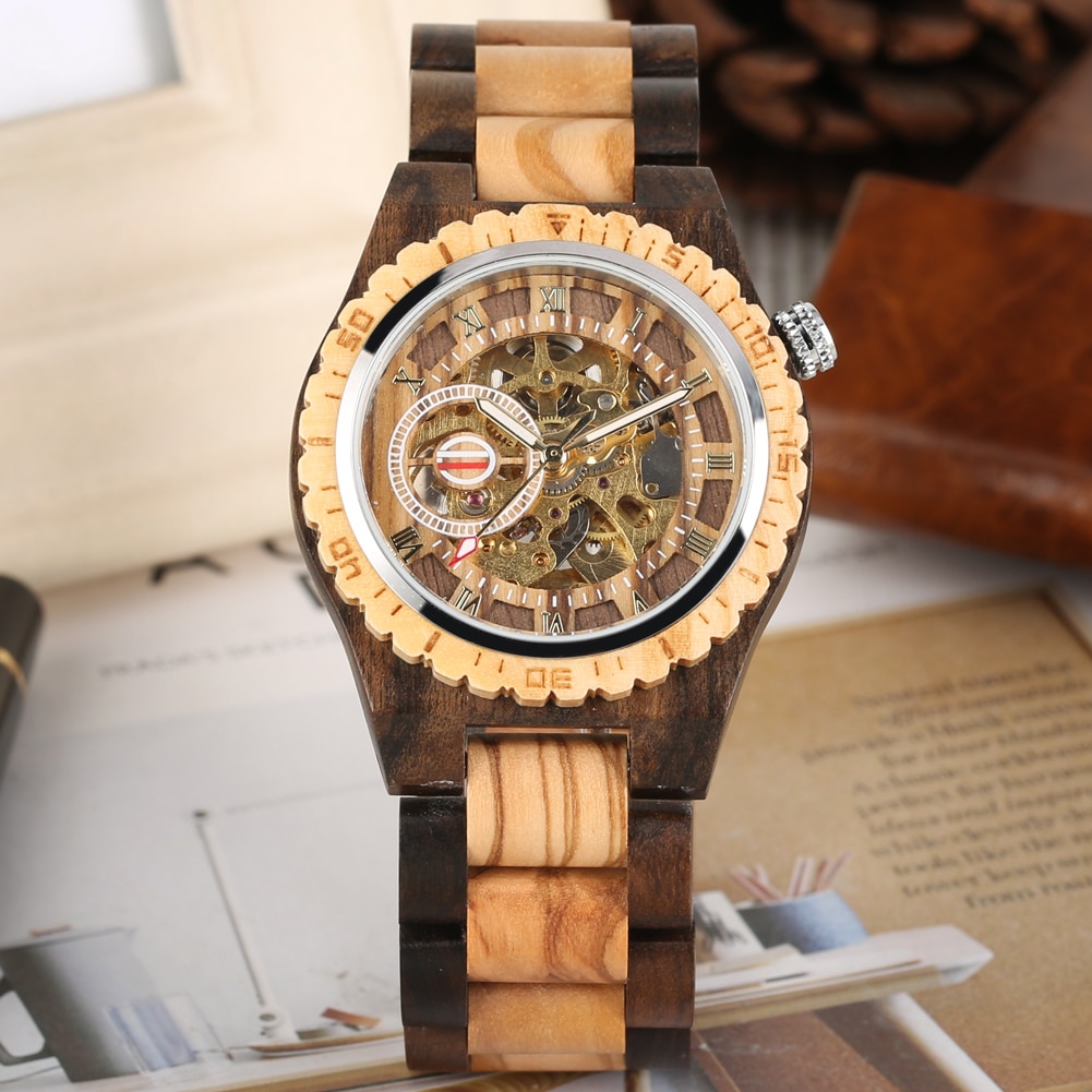 Classic Automatische Mechanische Houten Horloge voor Vrouwelijke MaleWooden Horloges Speciale Grote Ronde Wijzerplaat Houten Horloge