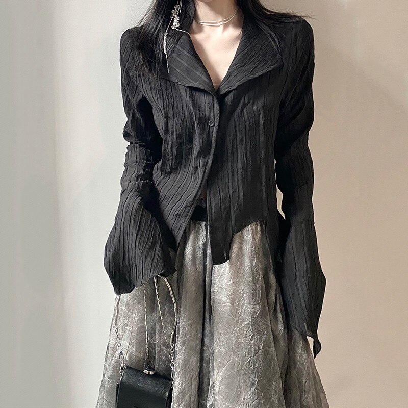 Karrcat gótico preto camisas irregulares yamamoto estilo alargamento manga blusa escuro estético grunge roupas harajuku shopping goth topos
