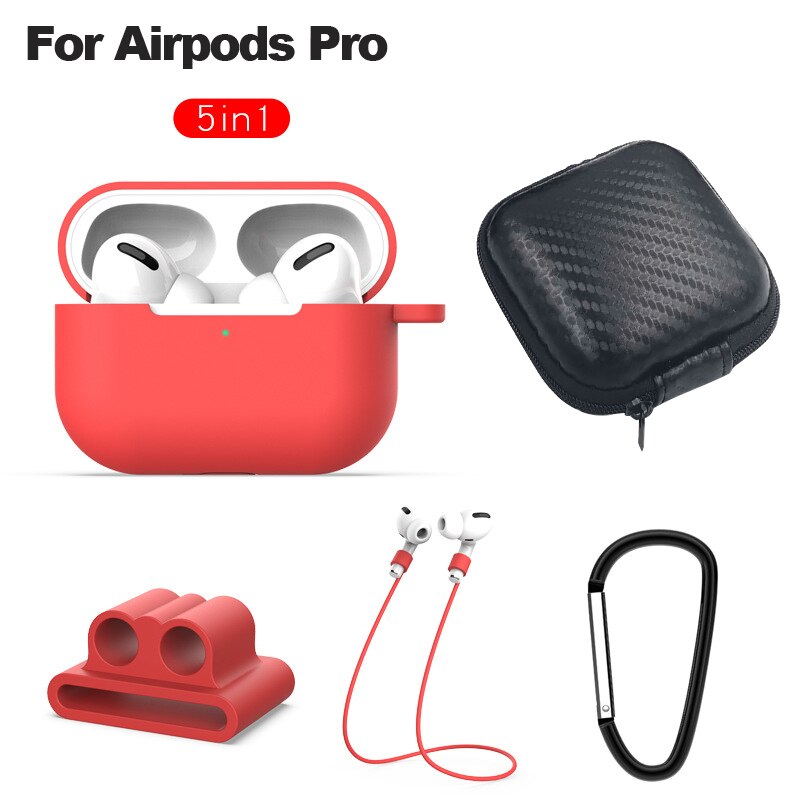 6 In-1 Case Lanyard Karabijnhaak Beschermhoes Voor Airpods 2 3 Hoofdtelefoon Siliconen Cover Voor Air Pods 2 3 Pro Case Accessoires Doos: red for airpod pro