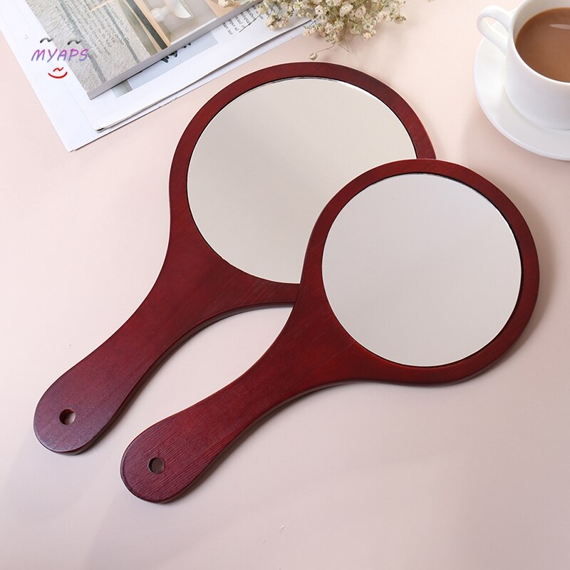Espejo redondo de madera para maquillaje, espejo de mano Vintage, redondo, HD, portátil, con mango