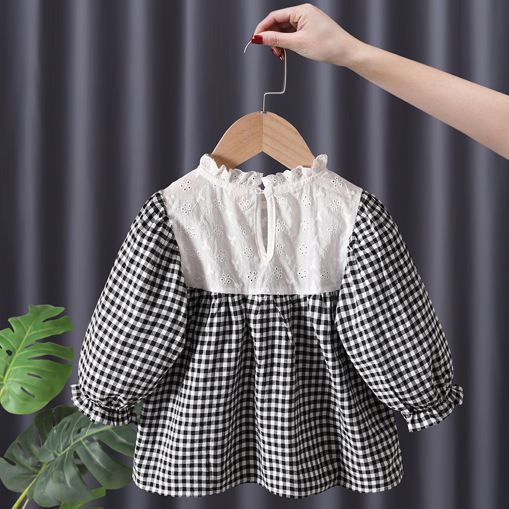 Leuke Vallen Kleren Zwarte Plaid Meisjes Blouse Lace Hollow Patchwork Fall Kleding Ruches Mouwen Katoen Tops Peuter Meisje Blouse