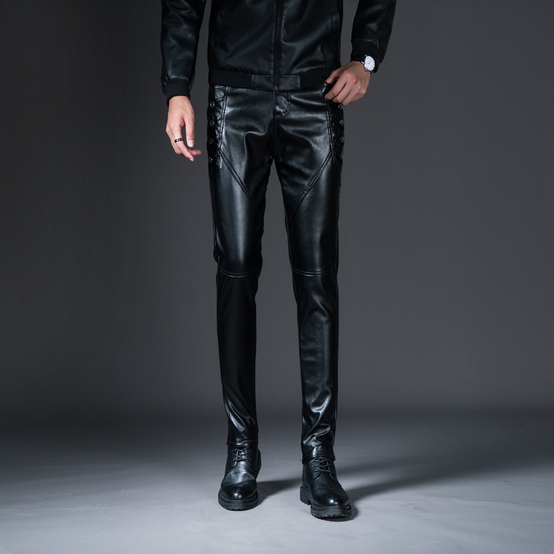 Pantalones de cuero de los hombres Slim Fit estilo coreano Otoño Invierno PU pantalones de cuero pantalones de la motocicleta a prueba de viento y ropa de calle cálida
