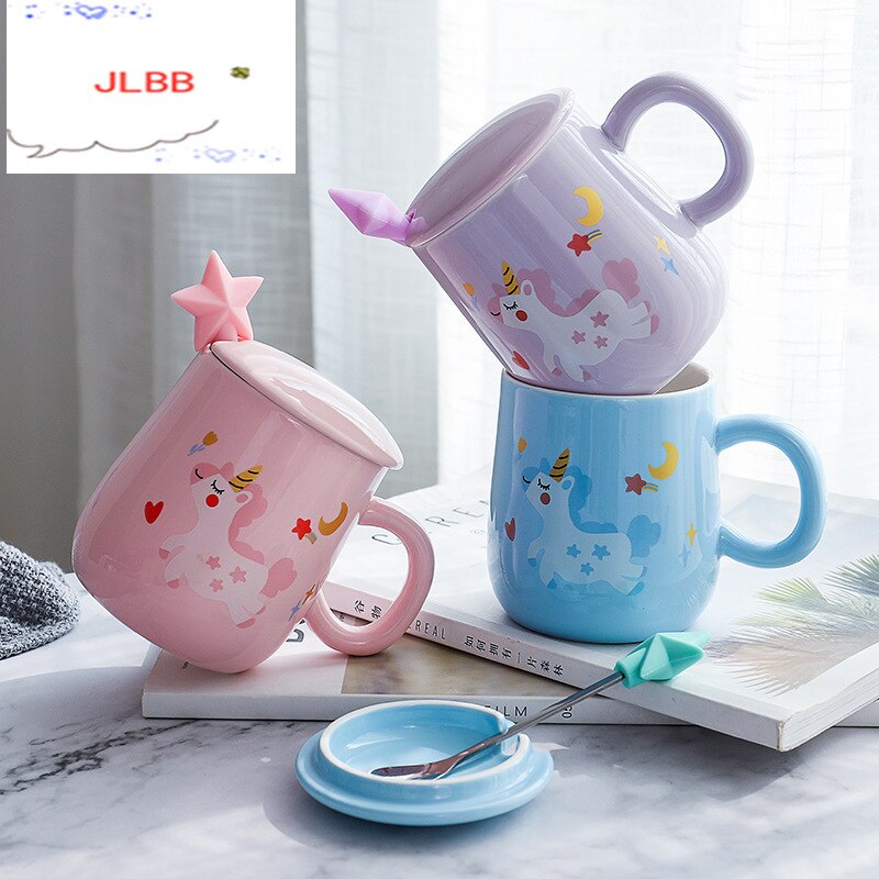 Cartoon Eenhoorn Koffie Mok Met Deksel En 3D Ster Lepel Roze Koffie Melk Thee Cup Voor Meisjes