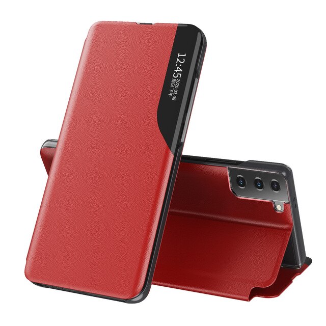Couro do plutônio smart view flip capas caso para samsung galaxy s21 ultra s 21 plus 5g magnético suporte livro coque s21ultra s21plus s21 +: for galaxy s21 / red