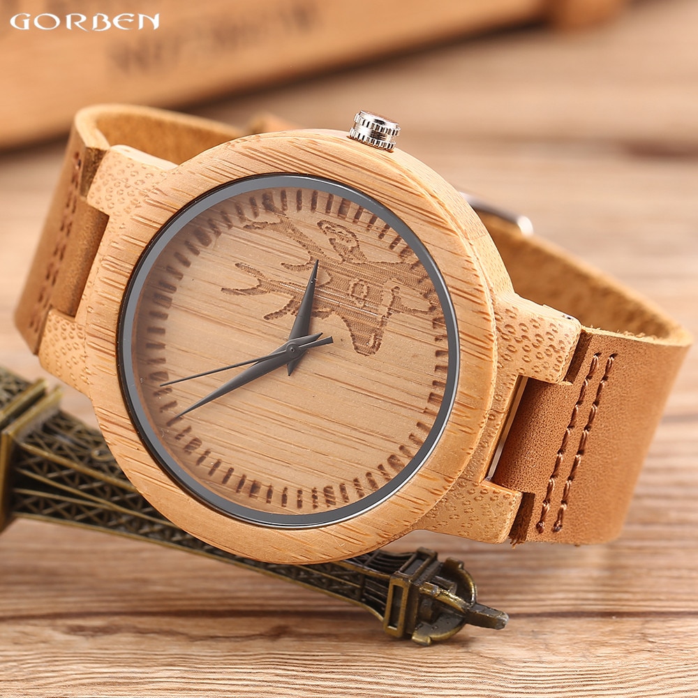 Casual Herten Hoofd Hout Horloge Voor Mannen En Vrouwen Natuurlijke Bamboe Case Lederen Band Houten Horloges Mannelijke Quartz Horloge Voor