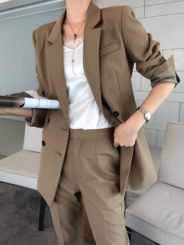 Khaki naisten housupuvut kaksirivinen bleiseri takki & korkeavyötäröinen housut vintage 2 kpl setti ol tyylinen työpuku