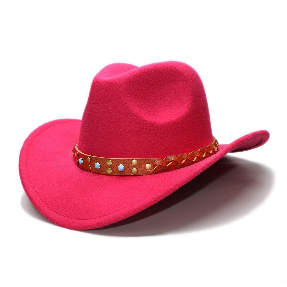 LUCKYLIANJI Womem Men Female Male's Wool Felt Western Cowboy Hat Wide Brim Cowgirl Braid Leather Band (One Size:57cm): Rose