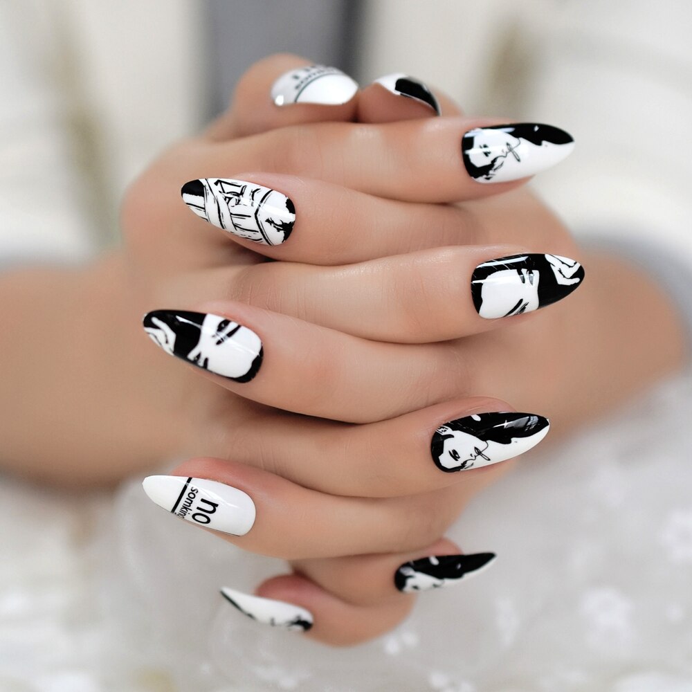 Stiletto bande dessinée fumer blanc faux ongles noir moyen artificiel ongles conseils dessin animé modèle manucure faux ongles