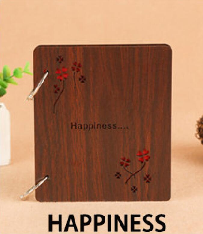 5 Inch DIY Red Wood Hollow Interleaf Photo Album Children Loose-Leaf Scrapbook Walnut Color Mini Memory Book Picture Storag: HAPPINESS
