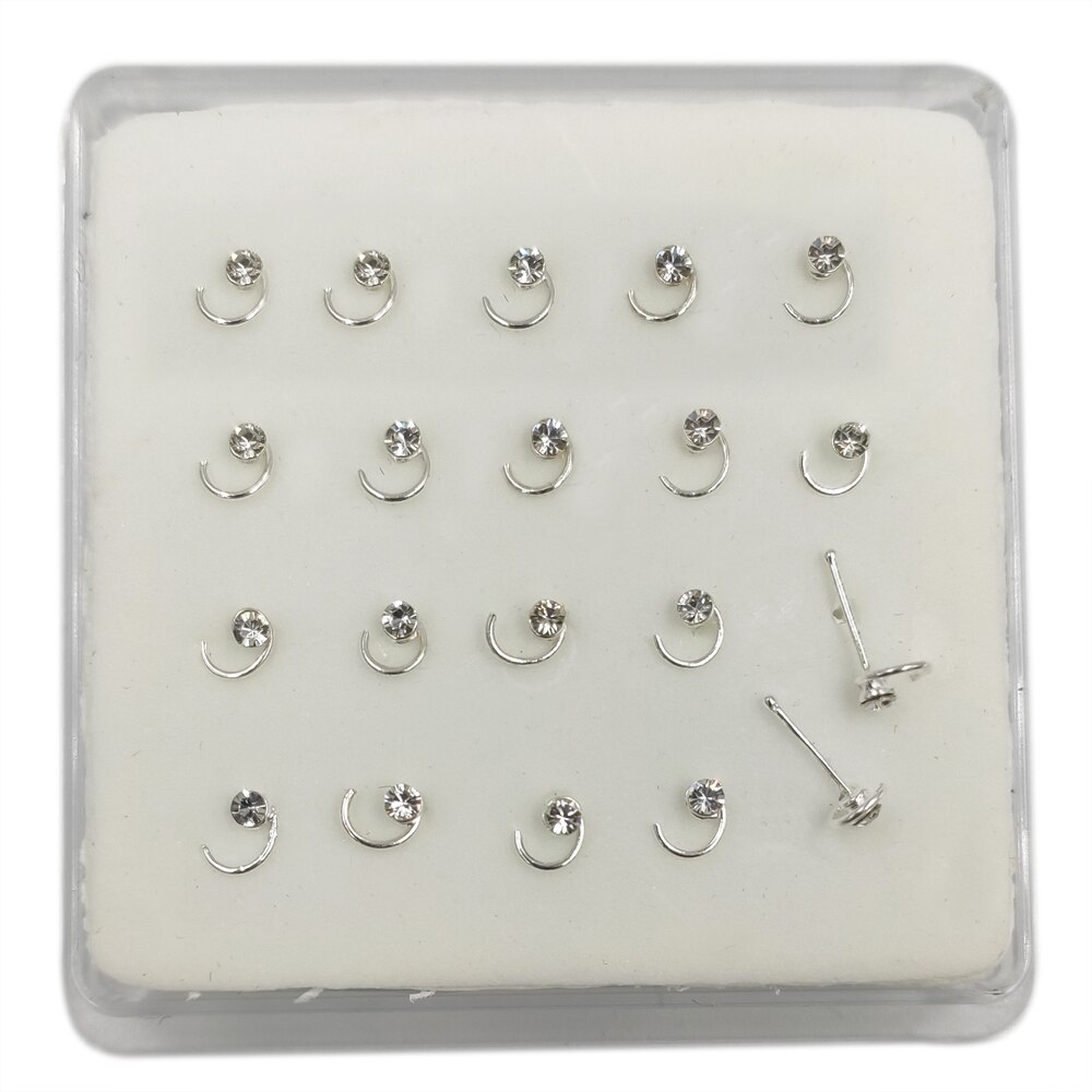 20 Stks/pak 925 Sterling Silver Swirl Neus Bone Met Crystal Neus Piercing Sieraden: silver  ball