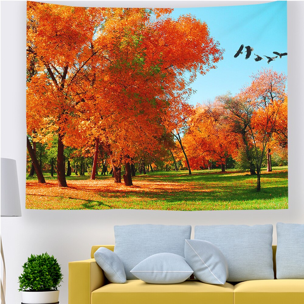 Red Forest Tapestry Mysterious Rainy Foggy Nature Scene Burgundy Tree Leaf Modern Autumn Wall Hanging Hippie Bedroom Living Room: 150x100 cm / 1