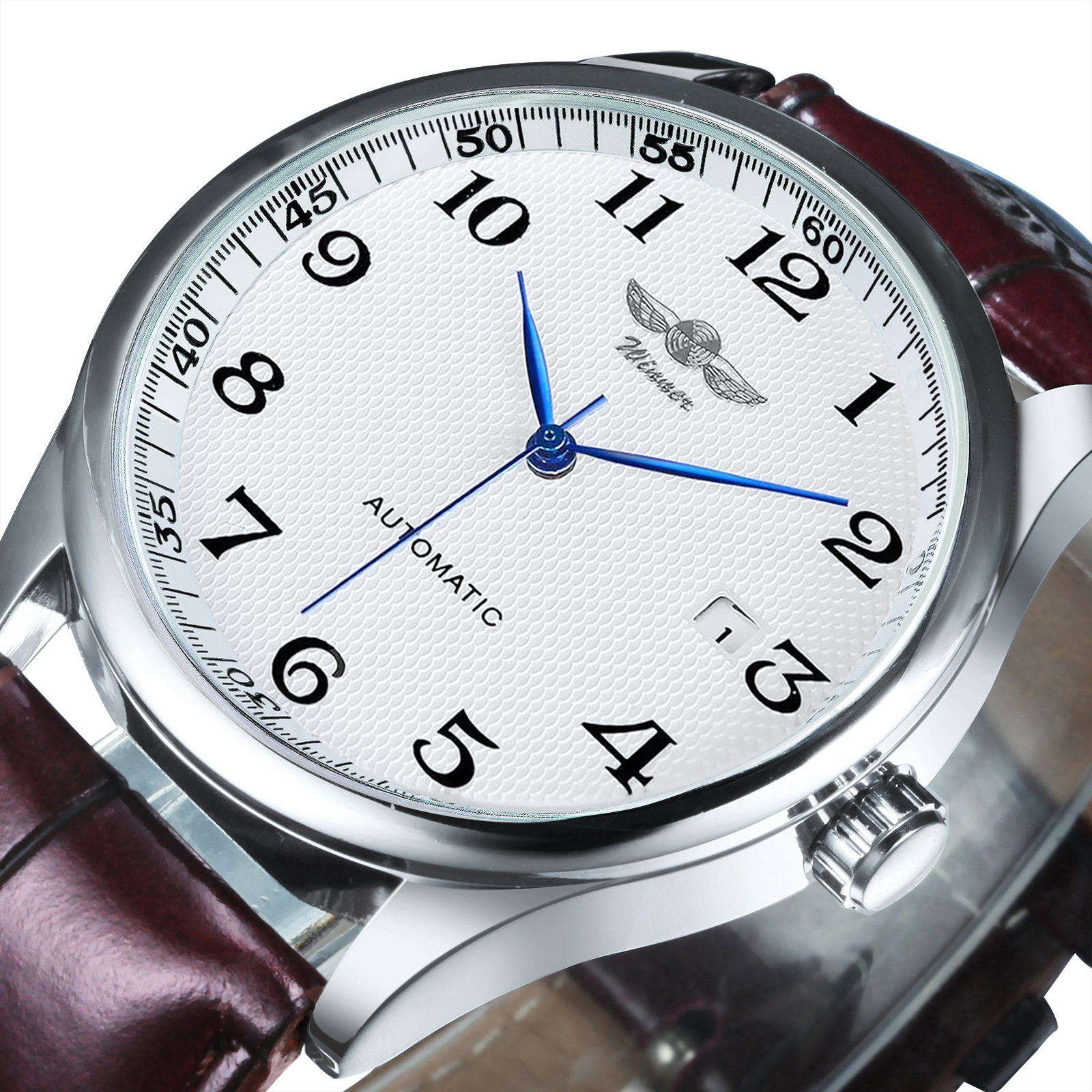 Winner Klassische Business-Armbanduhr für Herren, Retro-Kalender, blaue Zeiger, automatische mechanische Uhren, Top, Luxus-Stahl-Ledergürtel