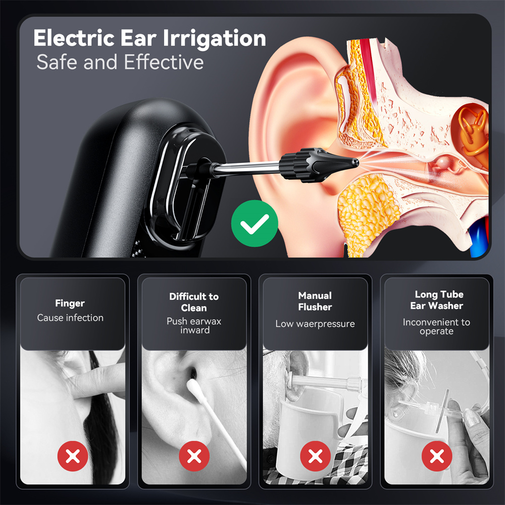 Sistema de lavado de oídos eléctrico, limpiador de oídos alimentado por agua con 4 modos de presión, limpieza de oídos segura y efectiva, eliminación de cera de oído