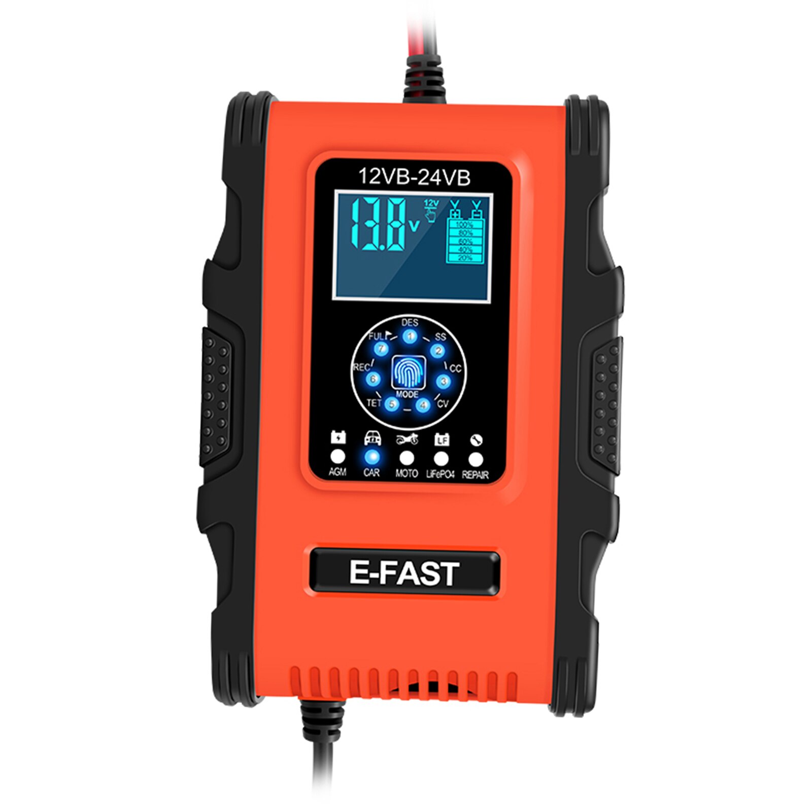 Car Battery Charger 12V 12A 24V 6A 100-240V AC Pulse Repair Fast Power Automatic Charging with Cable Clamps LCD Display