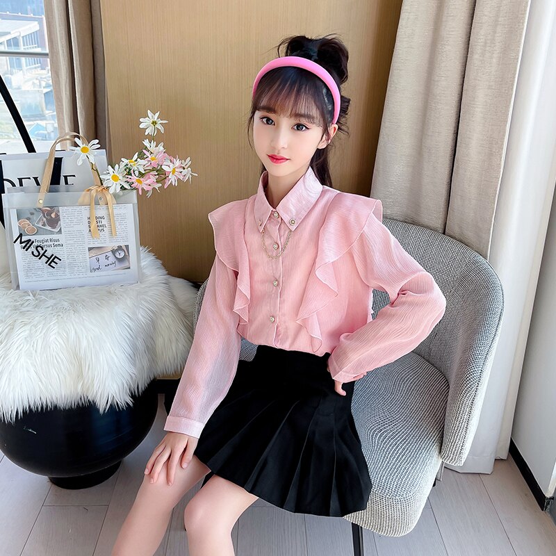Girl Top Streetwear Shirt for Teen Pink Apricot Long Sleeve Blouse Kid Girls Clothes Size 6 8 10 12 14 Spring Autumn