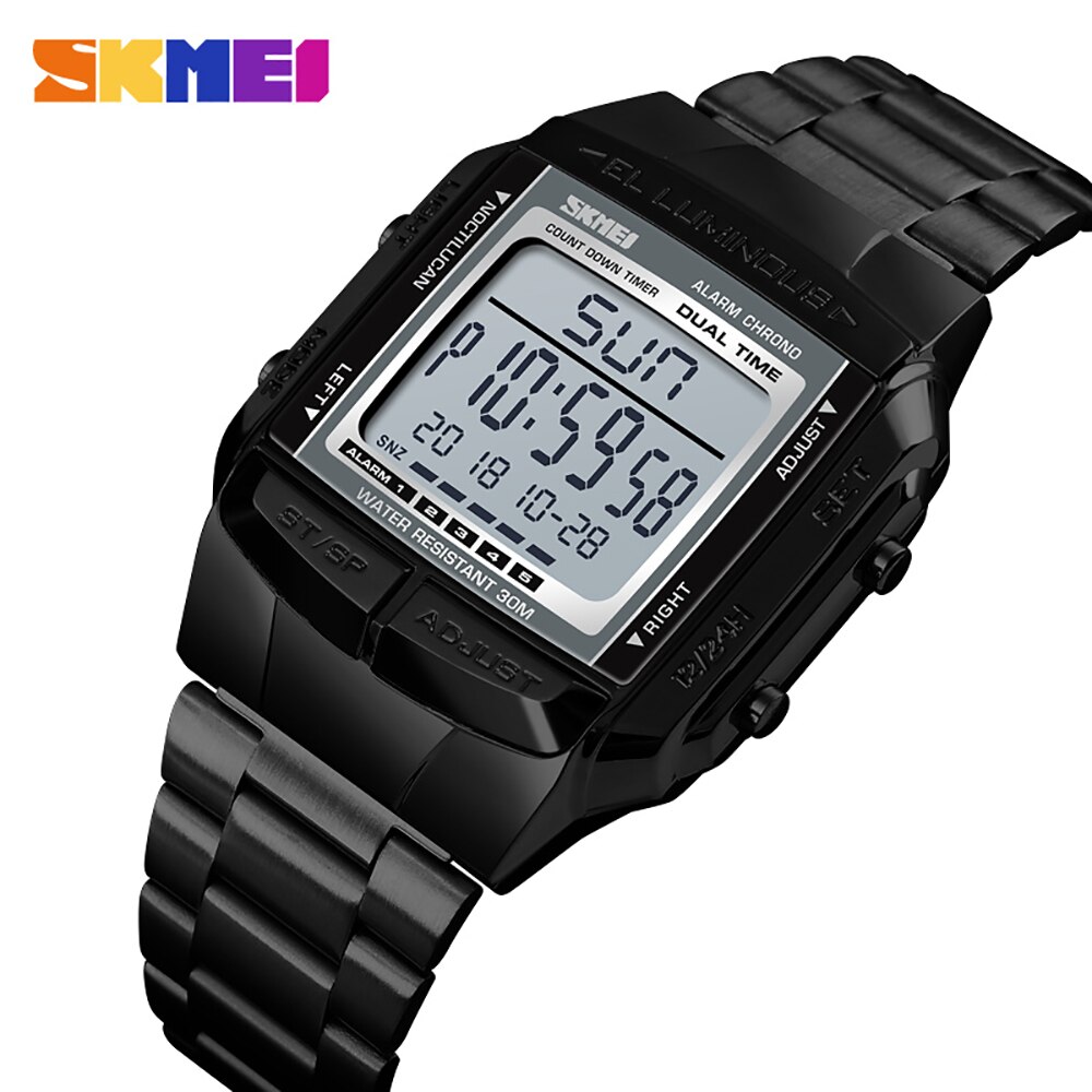 SKMEI1381Männer Analog Digital Uhr Sport Armbanduhr 2 Lässige Zeit 5 Alarm 3ATM Wasserdichte Edelstahl Armbinde Hintergrundbeleuchtung