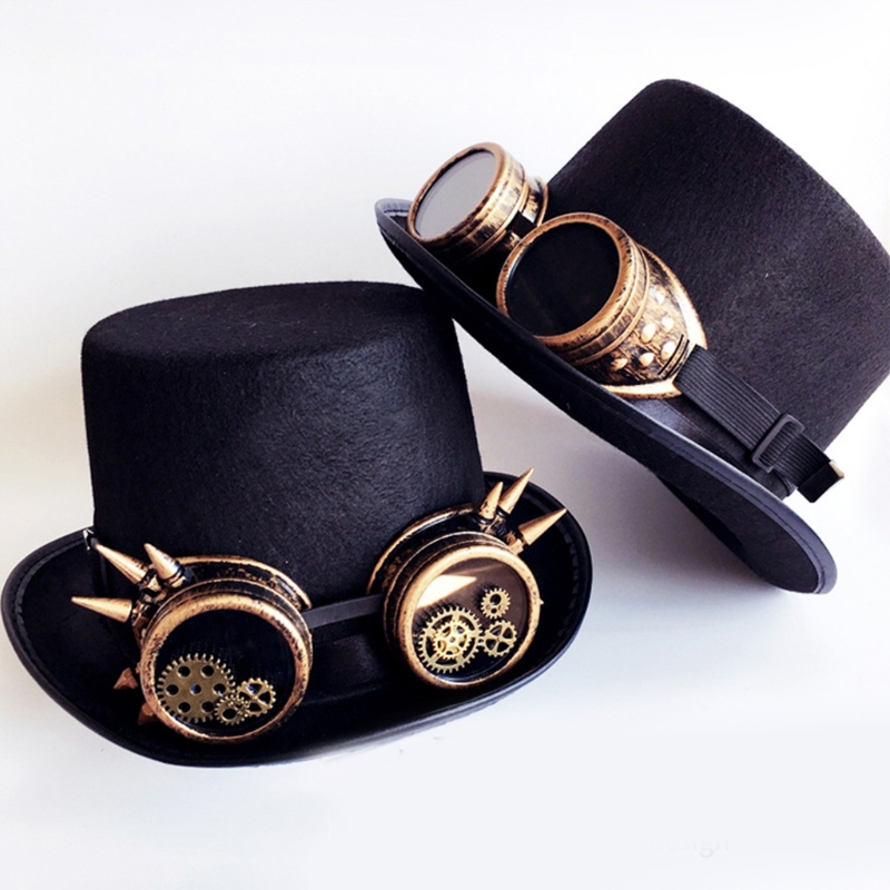 Vintage svart steampunk hatt utrustning glasögon punk hatt gotisk huvudbonad festdekoration hatt halloween tillbehör